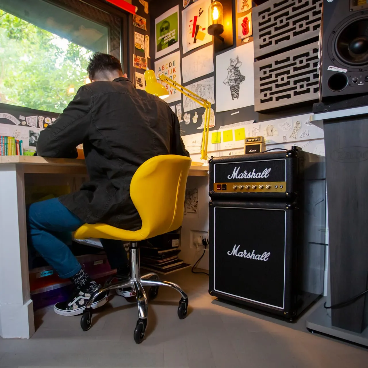 Marshall MF4.4BLK-NA 126 Litre Mini Bar Fridge | 4.4 cu ft | Black Edition | Iconic Amp Design | With Freezer